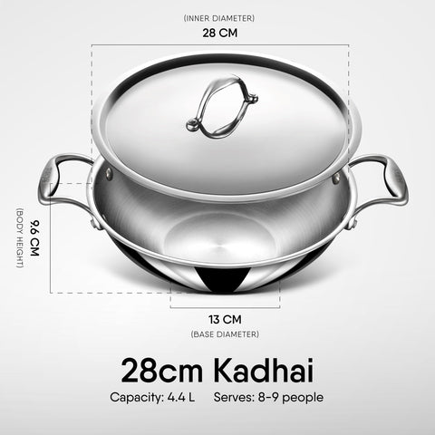 Stahl Artisan Triply 4.4 L, 28 cm Stainless Steel Kadhai with Lid,Kadai for Cooking, Stainless Steel Cookware Triply Kadai, Induction & Gas Stove Compatible