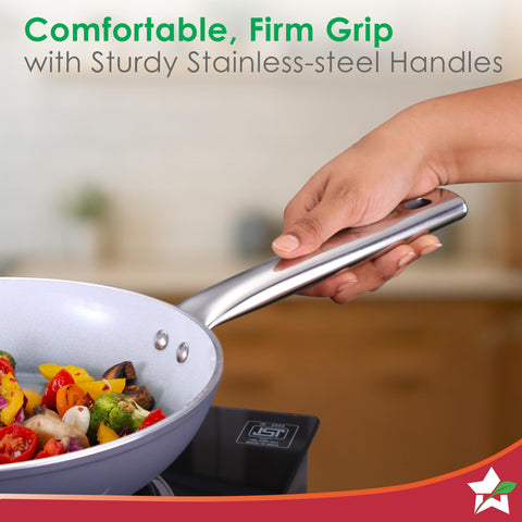 Wonderchef Eco-Glide Fry Pan | | Chemical-Free Ceramic Coating | 24cm, 1.8L | Healthy, Low Oil Meals | Scratch-Resistant | Stainless-Steel Handle | Gas & Induction Compatible | Grey | Easy to Clean