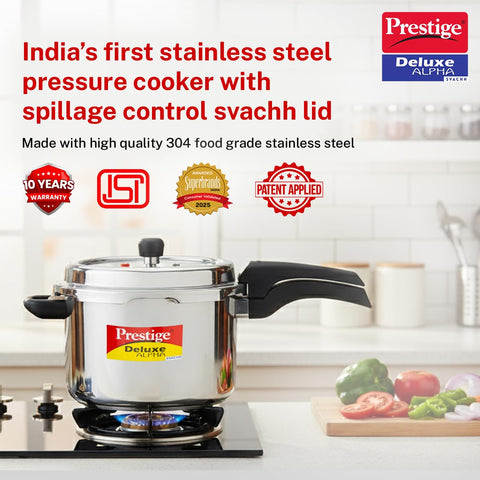 Prestige 6.5 Litre Stainless Steel Deluxe Alpha Svachh Outer Lid Pressure Cooker | 10Y Warranty | Deep Lid for Spillage Control | TRIPLY Base | Gasket Release System | Gas & Induction Compatible | ISI