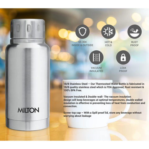 Milton Elfin 160 Thermosteel Bottle, 160 ml Water Bottles, 24 Hours Hot and Cold, Easy to Carry, Easy Grip, Rust Proof, Tea, Coffee, Office, Travel Bottle, Silver