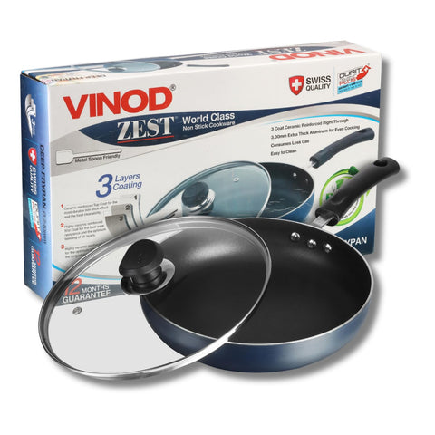 Vinod Zest Aluminium Non Stick Deep Frypan with Lid - 5.5 litre, 32cm | Skillet Pan for Frying | 3mm Thick | 3 Layer Coating | Scratch Proof | 1 Year Warranty - Gas Base