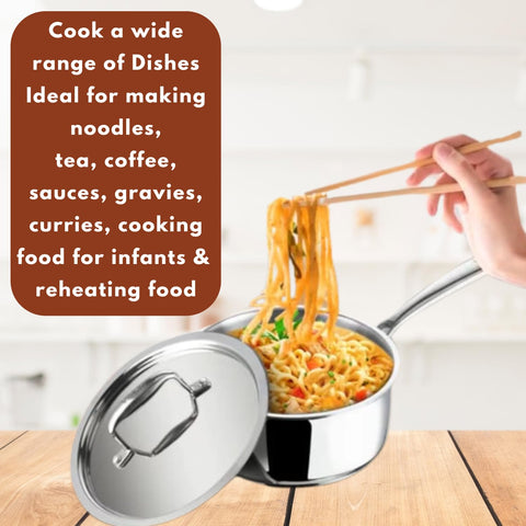 Vinod Platinum Triply Stainless Steel Saucepan with Stainless Steel Lid 1.6 Liters Capacity (16 cm Diameter) with Riveted Handle - Silver (Induction and Gas Stove Friendly)