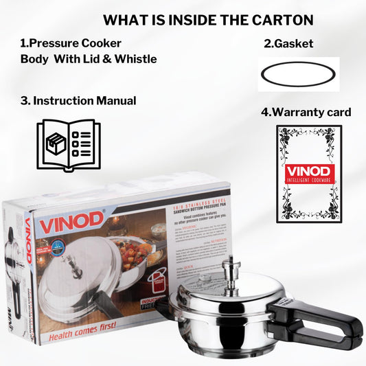 Vinod Stainless Steel Pressure Cooker 2 Litres | Also use as Deep Fry pan | Sandwich Bottom | Induction and Gas Stove Friendly | 2 Years Warranty | ISI and CE certified | Silver