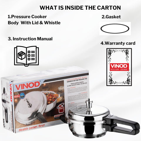 Vinod Stainless Steel Pressure Cooker 2 Litres | Also use as Deep Fry pan | Sandwich Bottom | Induction and Gas Stove Friendly | 2 Years Warranty | ISI and CE certified | Silver