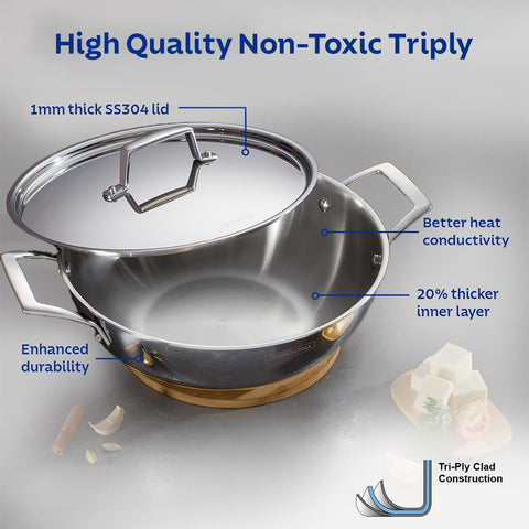TRAMONTINA AEION 24cm/2.6L Triply Stainless Steel Kadai with Lid | Stir-Fry/Deep-Fry Cookware with Measurement Scale | Kadhai for Curry, | Gas/Induction Compatible | 10 Yr Warranty*
