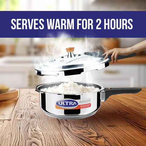 ULTRA Duracook 2.L StainlessSteel Outer Lid,AISI 304 Food Grade SS Pressure Cooker (2 Litre),Froth Collector,spillage Control,Induction&cooktop Compatible,Injection Moulded Bakelite Handles,ISI.