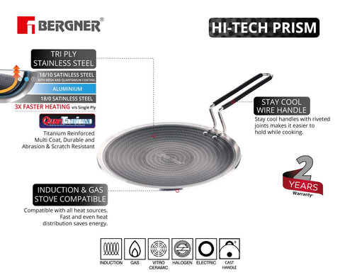 Bergner Hitech Triply Stainless Steel Scratch Resistant Non Stick Concave Tawa/Roti Tawa, 26 cm, Induction Base, Silicone Grip Handle, Food Safe (PFOA Free), Thickness 4mm, 5 Years Warranty, Silver