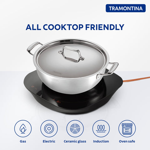 Tramontina FUSAO EX+ 26cm/4.7L Ceramic Coated Triply Stainless Steel Deep Kadai with Lid | Kadhai for Curry, Deep-Fry, Stir-Fry | Gas/Induction Compatible Cookware | NSF Certified | 10 Yr Warranty*