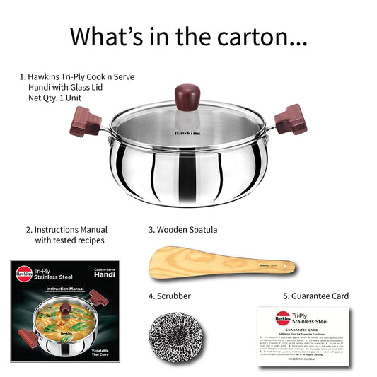 Hawkins 2 Litre Cook n Serve Handi, Triply Stainless Steel Handi with Glass Lid, Induction Sauce Pan, Saucepan, Silver (SSH20G)