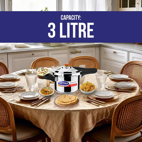 Ultra Duracook Pressure Cooker 3 Litre | AISI 304 Food Grade Stainless Steel Cooker | 10 Years Warranty | High Impact 3-Layer Composite Base | Bakelite Handles | Keeps Food Warm for up to 2 Hours