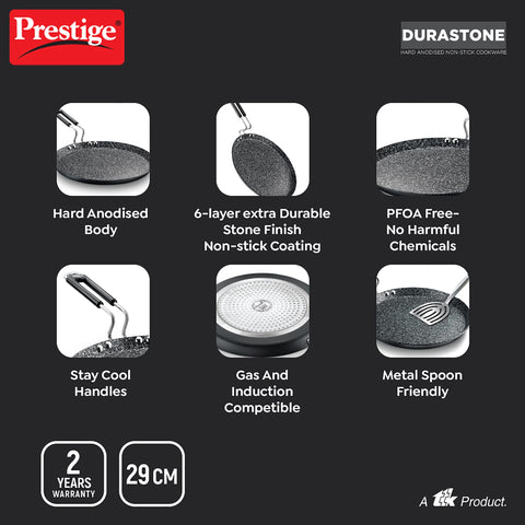 Prestige Durastone Hard Anodised Non-Stick Omni tawa(29 cm)|6 Layers Extra Durable Stone Coating|Stainless Steel Cool Touch Handles|Induction & Gas Compatible|2 Years Warranty