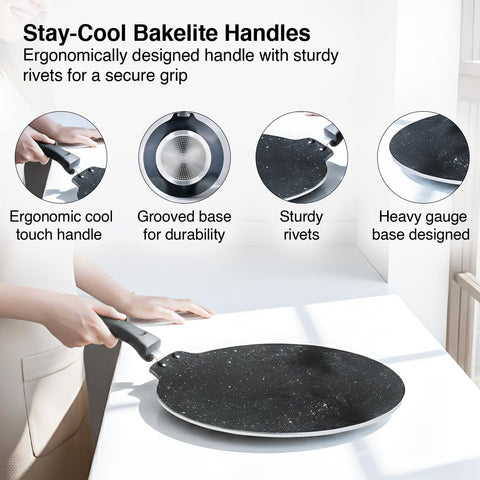 Prestige Omega Granite Non-Stick Dosa Tawa 30cm | Extra Thick Base (4.88 mm) | 5-Layer Coating | Gas & Induction Compatible | PFOA Free | Metal Spoon Friendly | Dishwasher Safe | 2Y Warranty | ISI