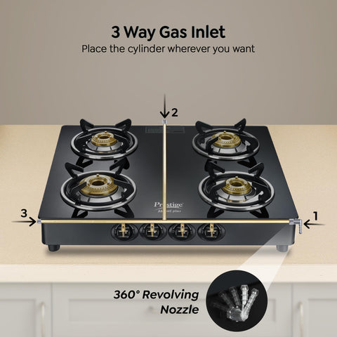 Prestige Marvel Plus 4 Burner GTM 04 SQ Glasstop Gas Stove|Superior Toughened Glass|Jumbo Brass Burner|360 Degree Revolving Nozzle|Spill Proof Design|5 Years Warranty on Glass|Black