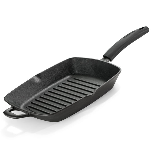 Tramontina Titanex 27 cm Pre-Seasoned Cast Iron Grill Pan, Non-Toxic, Induction Ready, Easy Hold Non-Slip Heat-Resistant Grip, Deep Ridges for Enhanced Texture & Fat Release, Spouts for Easy Deglazing