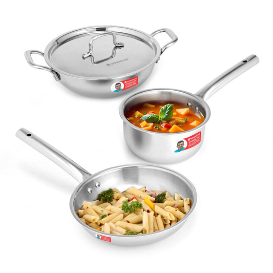 Wonderchef Venice Triply Stainless Steel 4 Pc. Cookware Set |Fry Pan 22cm, Kadhai with Lid 24cm, Saucepan 16cm |Non-Toxic |Uniform Heating |Heavy-Duty Handle |Easy Cleaning |10-Year Warranty