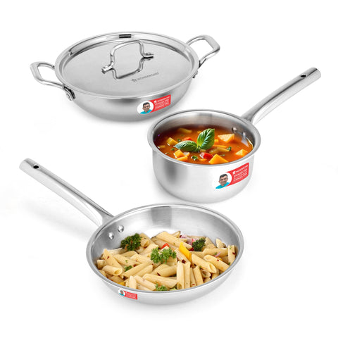 Wonderchef Venice Triply Stainless Steel 4 Pc. Cookware Set |Fry Pan 22cm, Kadhai with Lid 24cm, Saucepan 16cm |Non-Toxic |Uniform Heating |Heavy-Duty Handle |Easy Cleaning |10-Year Warranty