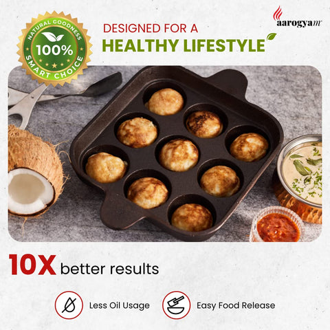Aarogyam Cast Iron Appam/Kuzhi/Paniyaram/Appe Maker Tawa 9 Cavity Square Double Handle | Pre-Seasoned | Non-Toxic | Naturally Non-Sticky | Gas Compatible | No Chemical Coating