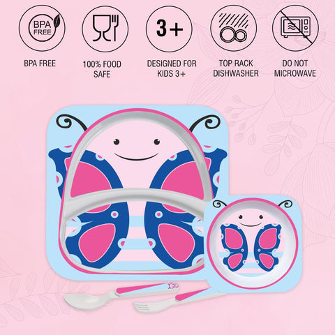 Cello Kids Meal Melamine Dinner Set with Butterfly Print | Safe and hygenic for Kids to use | Attractive and Long Lasting Designs | Break Resistant | Pink, Set of 4