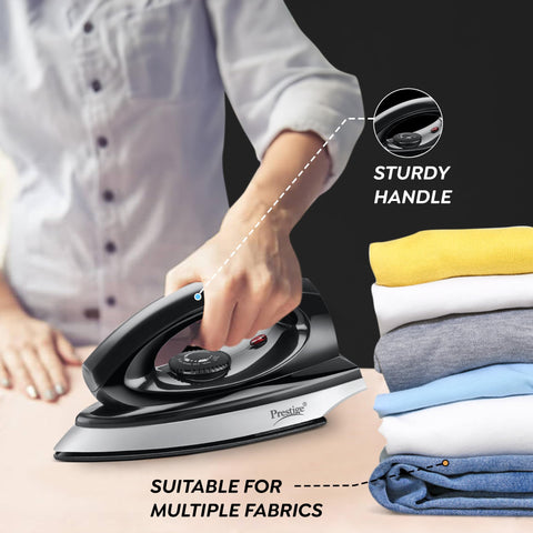 Prestige Magic Spark 750W Dry Iron|Greblon Non-Stick Coated Sole Plate|Wide Range Of Fabric Interface|Light Weight|Neon Indicator Light|2 Years Warranty|Yellow & Black