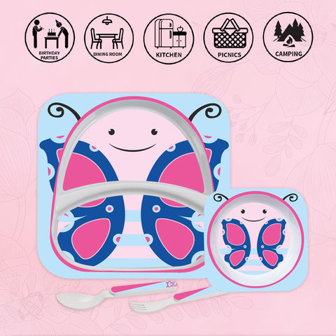 Cello Kids Meal Melamine Dinner Set with Butterfly Print | Safe and hygenic for Kids to use | Attractive and Long Lasting Designs | Break Resistant | Pink, Set of 4