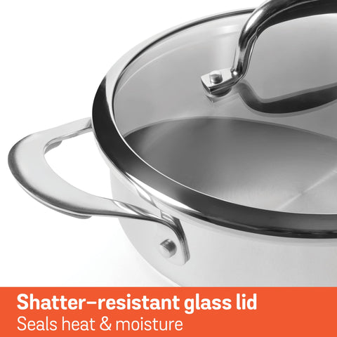 Meyer Select Nickel Free Stainless Steel Sauteuse with Glass Lid | Steel Saute Pan with Triply Base| Frying Pan with Lid | Gas and Induction Suitable | 28cm/ 4.77 Litre, Silver