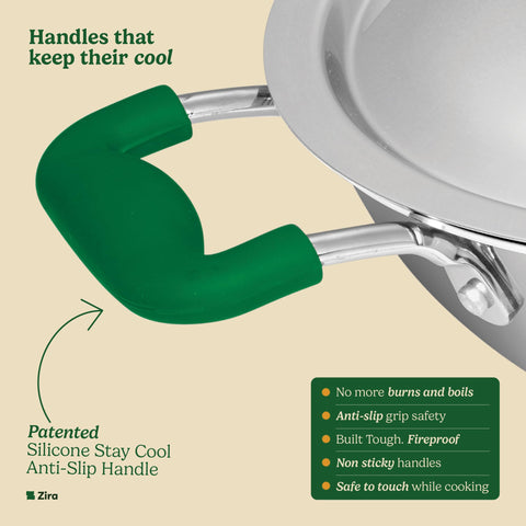 Zira Triply Stainless Steel Kadai with Steamer Lid | 20 cm, 2.3L | Fire Proof, Stay Cool Silicone Handle | Induction & Gas Friendly | 2.5mm Heavy Bottom Triply Kadhai | 10 Year Warranty