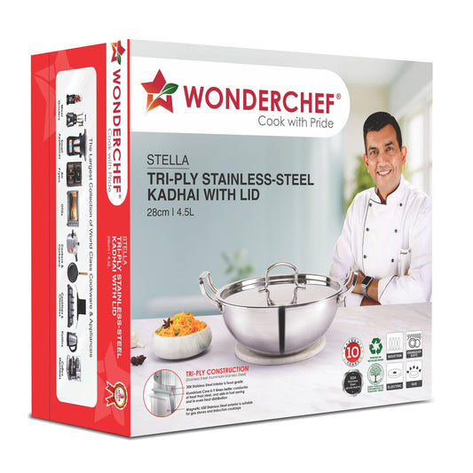 Wonderchef Stella Triply Stainless Steel Kadhai with Lid | 28 cm, 4.5 litres | Compatible with Gas Stove, Induction, Ceramic Cooktop | Non-Toxic | Heavy-Duty Handle | 10-Year Warranty