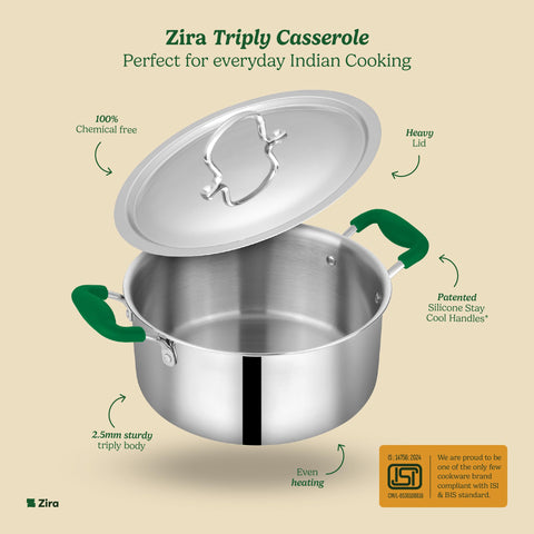 Zira Triply Stainless Steel Casserole | Biryani Pot with Lid 26cm 6.2L | Fire Proof, Stay Cool Silicone Handle | Biryani Pot Heavy Bottom | Induction & Gas Friendly Triply Cookware| 10 Year Warranty