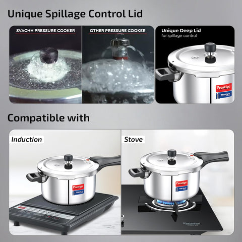 Prestige 5L+3L Triply Svachh Outer Lid Pressure Cooker Combi with 2 Lids|Gas & Induction Compatible|Deep lid for spillage control|Triply body for even heat distribution|5 Years Warranty|ISI Certified