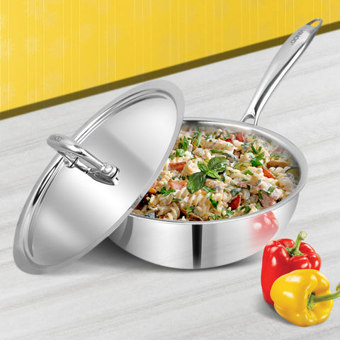 Vinod Platinum Triply Stainless Steel Deep Frying Pan with Lid - 2.5 L, 22 cm | 2.5 mm Thick Tri ply Cookware | Heavy-Bottom Frypan for Healthy, Low-Oil Cooking | Induction and Gas Compatible
