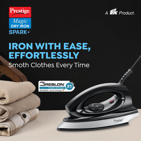 Prestige Magic Spark 750W Dry Iron|Greblon Non-Stick Coated Sole Plate|Wide Range Of Fabric Interface|Light Weight|Neon Indicator Light|2 Years Warranty|Yellow & Black