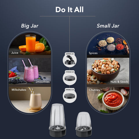 Prestige Nutri-Mate 400W Mixer Grinder 2 Multipurpose Jars (Lids-1 Sipper, 1 Storage, 1 Sprinkle) Blue