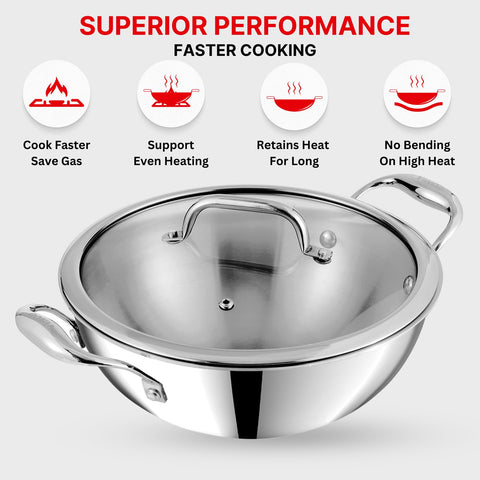 Vinod Platinum Triply Stainless Steel Extra Deep Kadai with Glass Lid - 26 cm | Even Heating, Less Oil Healthy Cooking, Heavy Bottom Induction Cookware Kadhai for Cooking & Frying