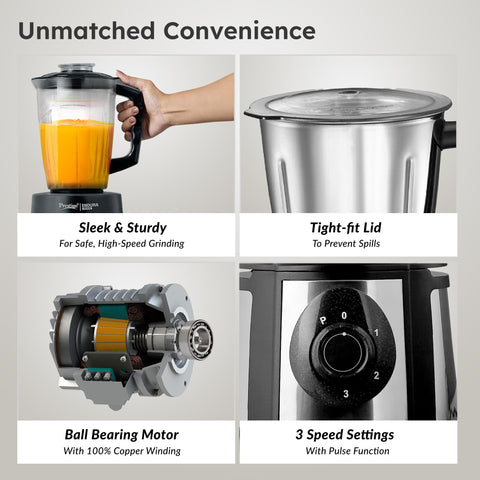Prestige Endura 1000 Watt Mixer Grinder with 6 Jars | Heavy-Duty Ball Bearing Motor | 3 Stainless Steel Jars + 1 Juicer + 1 Mix-O-Keep + 1 Multi-Utility | SS Baldes | Black | 5Y Motor Warranty