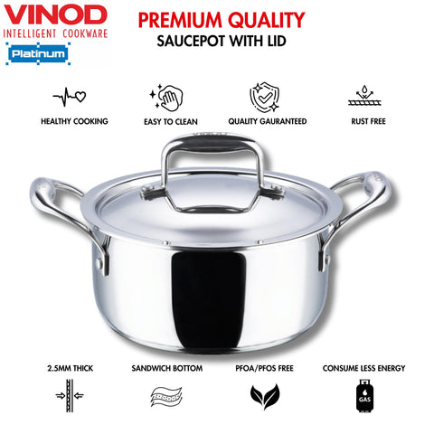 Vinod Platinum Triply Stainless Steel Saucepot with Stainless Steel Lid (22 cm Diameter) - Silver (Induction and Gas Stove Friendly)