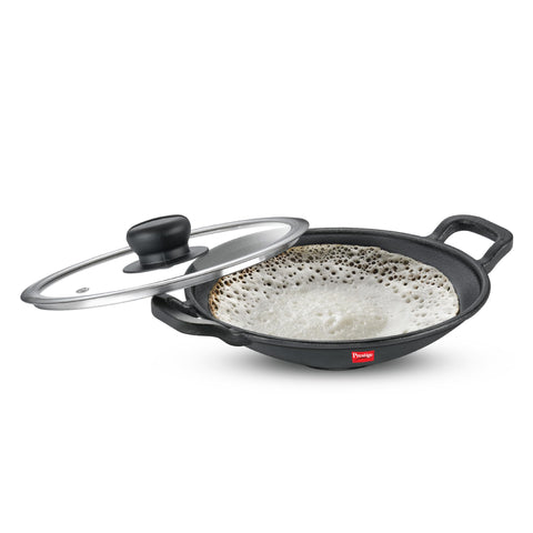 Prestige Cast Iron Cookware Black Appachetty with Glass Lid 20cm|Even Heat Distribution| Scratch Resistant | Gas and Induction Compatible | Heavy Gauge-Lasts for Generations