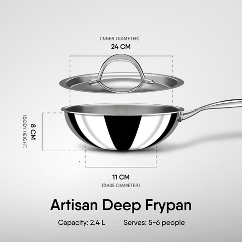 Stahl Artisan Triply Stainless Steel Wok with Lid, Deep Frypan Induction Base, Stir Fry Wok,Induction & Gas Stove Compatible, 2.4 L, 24 cm