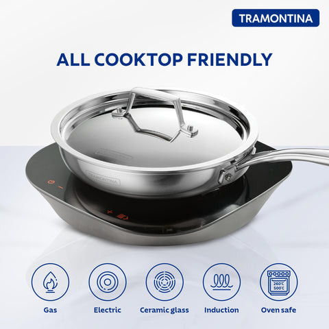 TRAMONTINA Fusao Healthy Triply Ceramic 20Cm Frypan Ex+ with Ss 304 Lid | Non Toxic (PFAS/PTFE/PFOA Free) Omlete Pan | Saute | Induction Friendly | Stay Cool Handle I 10 Year Warranty