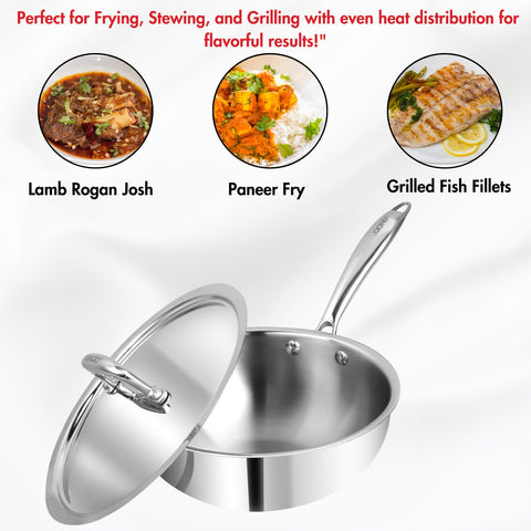 Vinod Platinum Triply Stainless Steel Deep Frying Pan with Lid - 22 cm | Heavy-Bottom Frypan for Healthy, Low-Oil Cooking | Induction and Gas Compatible