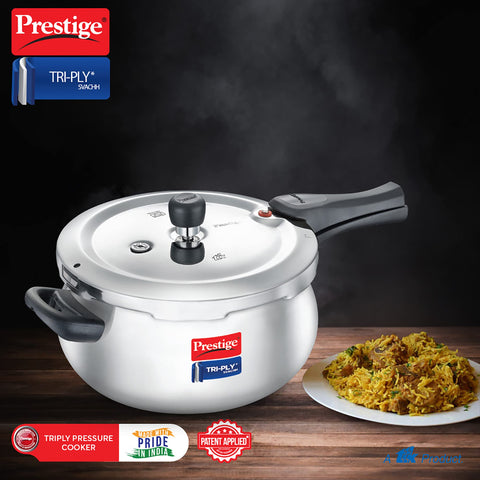 Prestige 5 Litre Svachh Tri-Ply handi pressure cooker(outer lid)|Deep Lid for spillage control|Metallic Safety Plus|5 years warranty