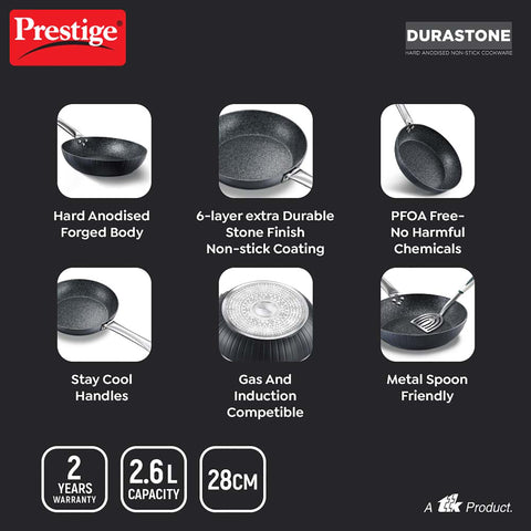 Prestige Durastone 28cm(2.6L) Hard Anodised Fry Pan with 6 Layers Non-Stick Coating|Stainless Steel Stay Cool Handles|Induction & Gas Compatible|2 Years Warranty