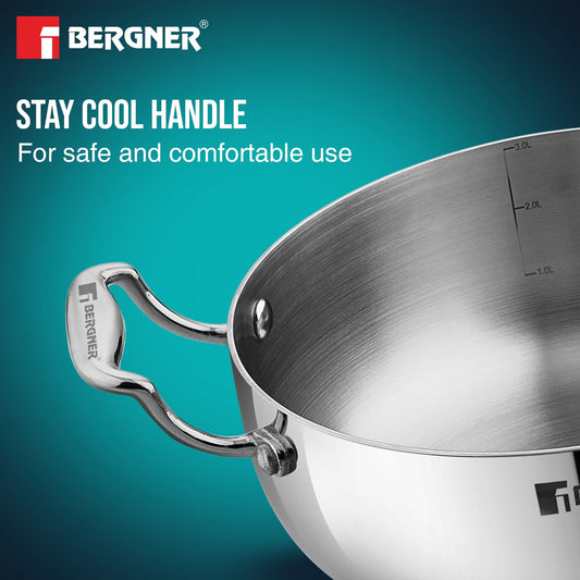 Bergner Argent Saiba Triply Stainless Steel 22 cm (3 Liters) Multi Purpose Casserole/Stainless Steel Casserole with Curved Shape Lid and Welded Cast Handles, Less Oil Cooking - Induction Bottom