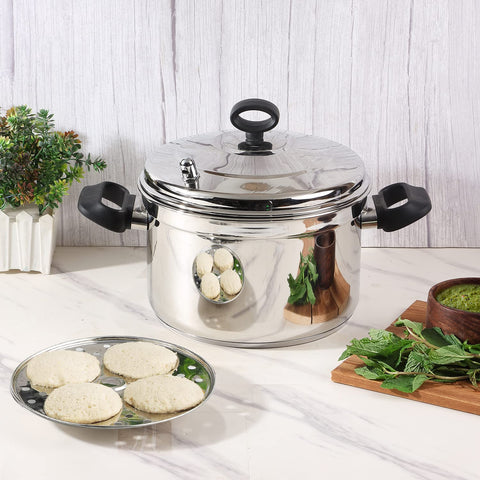 Vinod Classic Stainless Steel Idli Pot - 4 Deep Plates | Soft & Plump Fluffy Idly Maker Cooker | Even Heating SAS Bottom Steamer | Heat-Resistant Handles | Induction & Gas Compatible