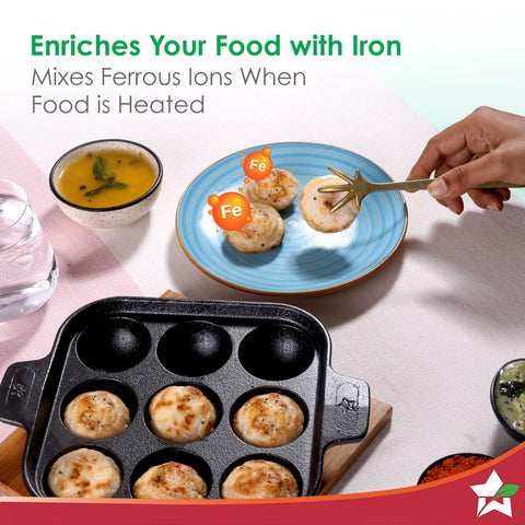 Wonderchef Forza Cast-Iron Paniyarakal | Square | Heavy-Duty Cast-Iron | for Paniyarams, Bondas | Naturally Non-Stick | Uniform Heating, Slow Cooking | Chemical-Free