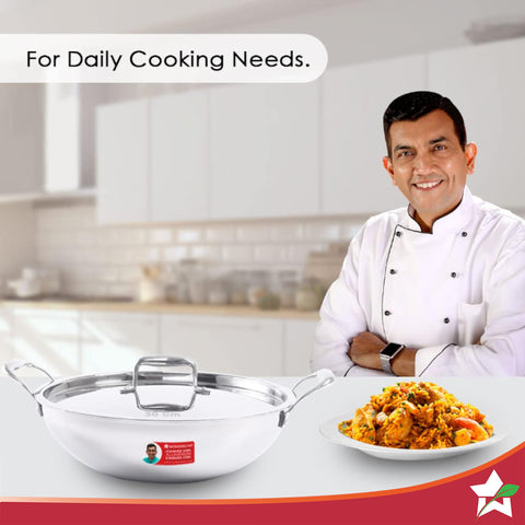 Wonderchef Nigella 28 cm Tri-ply Stainless Steel Kadhai with Lid 4.1 L