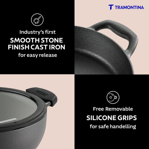 TRAMONTINA TITANEX 24cm/3.7L Pre-Seasoned Heritage Cast Iron Deep Kadai with Toughened Glass Lid | Snap-On Silicone Grips | Kadhai for Curry | Gas/Induction Cookware | Life-Time Warranty