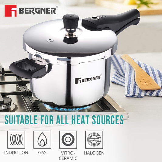 Bergner Argent Elements Triply Stainless Steel 5.5 L Outer Lid Pressure Cooker, Triply Bottom Pressure Cooker, Safety Gasket and GRS, Mirror Finish, Induction Bottom and Gas Ready - Silver