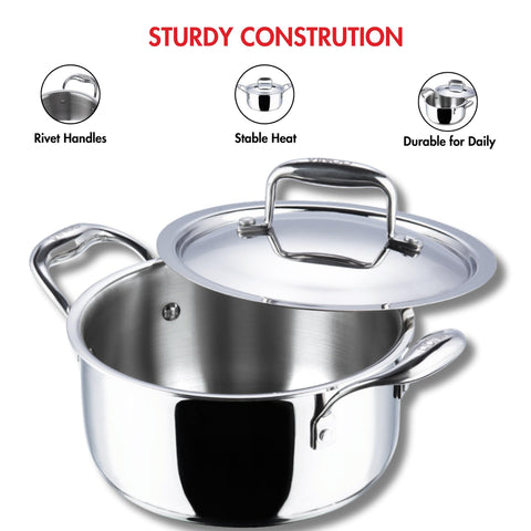Vinod Platinum Triply Stainless Steel Saucepot with Stainless Steel Lid (22 cm Diameter) - Silver (Induction and Gas Stove Friendly)