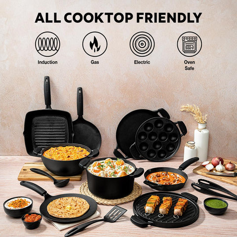 TRAMONTINA TITANEX 24cm Pre-Seasoned Cast Iron Dosa Tawa | Flat Surface with Raised Edges | for Dosa, Uttapam, Cheela, Paratha | Induction & Gas Compatible | Non-Slip Handle