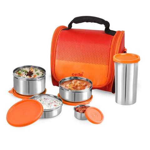 CELLO MF Matiz Lunch Box, 4 Unit, Orange | Stainless Steel Lunch Box with Plastic Lid | Lunch Box with Jacket and Handle | Ideal for Office